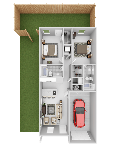 A 3D floor plan of a small apartment with a kitchen, living room, and bathroom.